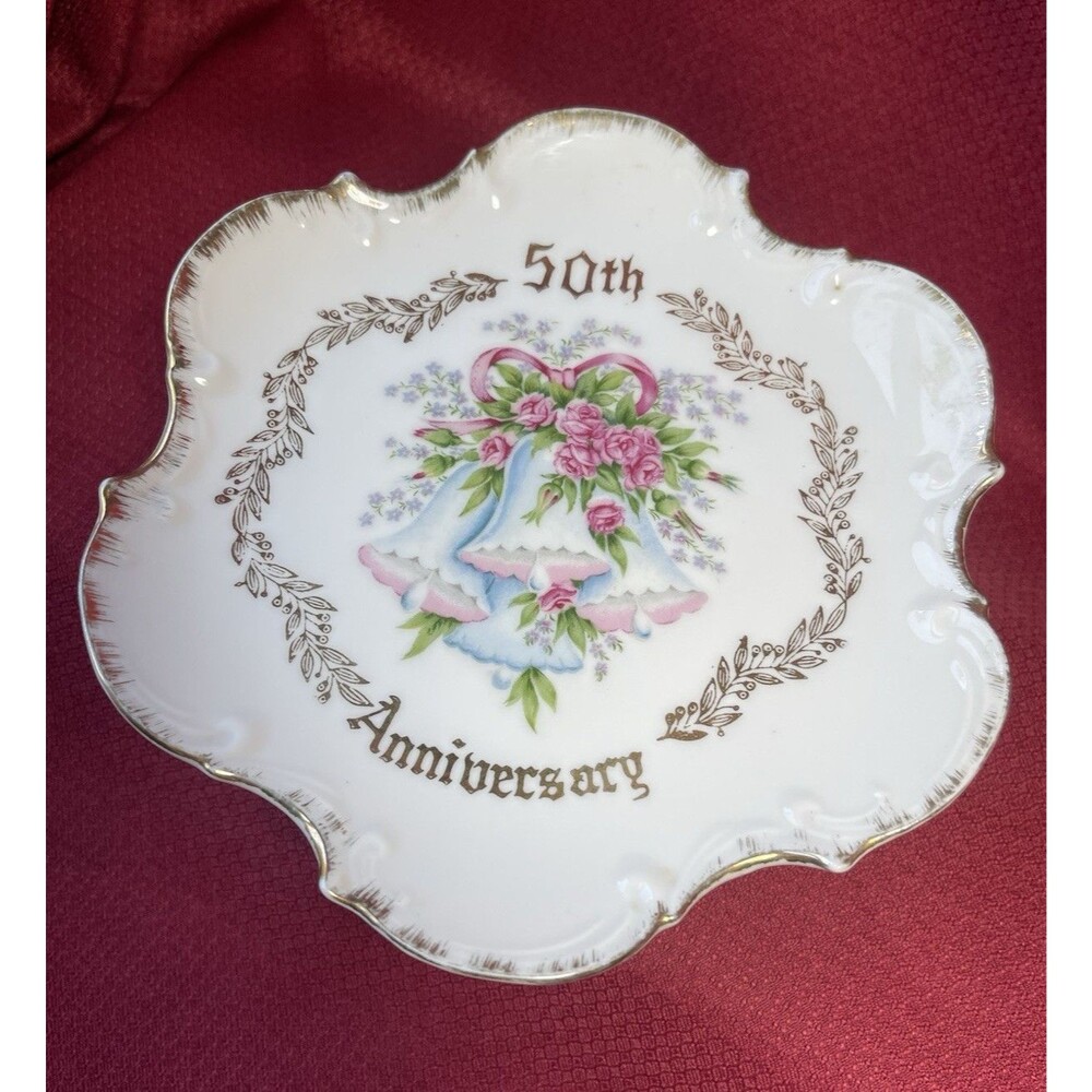 50th Anniversary Floral Bells Ceramic Pedestal Cake Stand 8in White Gold Trim
